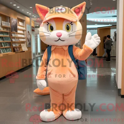 Produktbild von Maskottchen REDBROKOLY einer pfirsichfarbenen Katze bekleidet mit Jeggings und Mütze