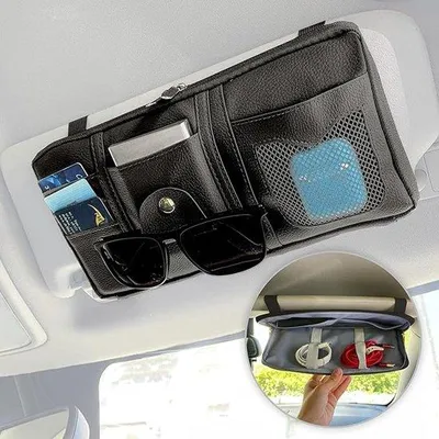 Image de Organiseur de pare-soleil pour voiture - Organiseur pour l'habitacle avec compartiment pour documents et lunettes - Noir