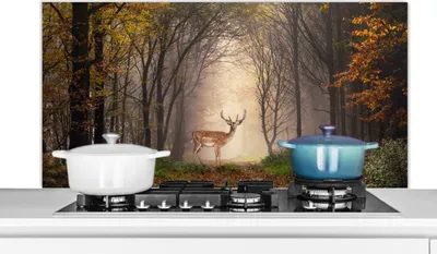 Produktbild von KitchenYeah®  Spritzschutz Küche - Küchenrückwand - Wandschutz für Herd und Spüle - Hirsch - Baum - Wald 120x60 - Alu-Dibond (Alternative zum Spritzschutz aus Glas) - Hitzebeständig - Herdspritzschutz