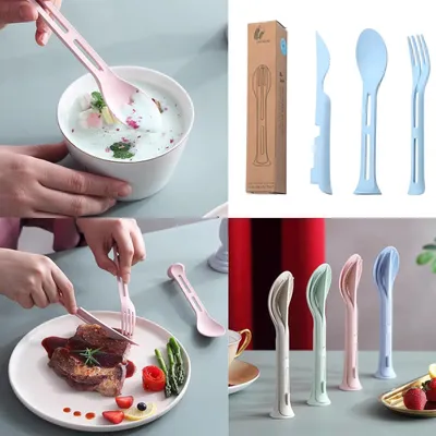 Produktbild von Tragbare Besteckset aus Kunststoff – 8 Sets mit 3-teiligem Besteck – Wiederverwendbares Messer, Gabel und Löffel – Campingbesteck für die Außenküche