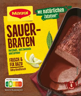 A product package for Maggi Fix for Sauerbraten, showing a cooked roast in a pan.