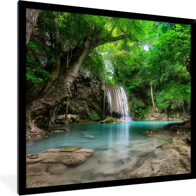 Produktbild von MuchoWow® Gerahmtes Poster Dschungel - Wasserfall - Pflanzen - Wasser - Natur 40x40 cm - Poster mit Schwarzem Bilderrahmen Wandposter Rahmen Foto Bilder - Mit Rahmen - Wanddekoration Schlafzimmer