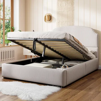 Obrázek produktu pro Čalouněná postel STILVORA 140×200 cm s úložným prostorem, dvojlůžko s hydraulickým mechanismem pro sklápění a velkým úložným prostorem, postel do ložnice a dětského pokoje, pruhovaná plyšová látka