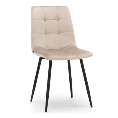 A single beige upholstered dining chair with black metal legs against a white background.