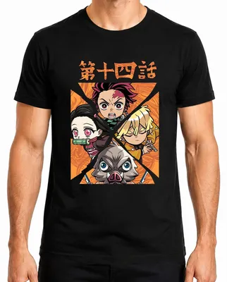 Obrázok produktu pre Kimetsu no Yaiba Tanjiro Nezuko Zenitsu Inosuke Chibi Gift Pánske tričko, čierna, XL