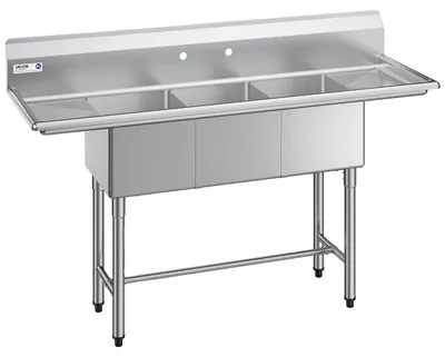 Obrázek produktu pro VEVOR dřez se 3 vaničkami, 2 odkapávači a ochranným krytem proti stříkající vodě, kuchyňský dřez (1678 x 558 x 1097 mm), kuchyňský dřez pro restaurace, pojízdné stánky s občerstvením, soukromé použití, nerezový dřez