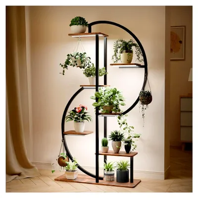 Produktbild von Pflanzenregal für den Innenbereich mit Wachstumslicht, 7 Ebenen, 155 cm hoch, Metall und Holz, Eckpflanzenständer für Zimmerpflanzen, Innen- und Außenbereich