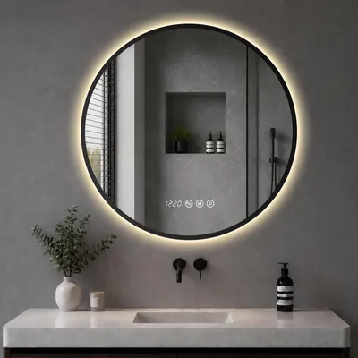 Produktbild von S'AFIELINA Badspiegel mit Beleuchtung Rund 70 cm Diameter,LED Badspiegel mit Touch, Beschlagfrei, Dimmbar, 3 Lichtfarben, Uhr, Temperatur,Schwarzer