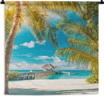 Produktbild von MuchoWow® Wandteppich Wandbehang Strand - Palme - Meer 90x90 cm Tapisserie Dekoration Wandtuch - Wandaufhänger