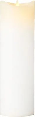 A white LED candle with a lit wick.