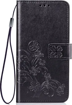 A black flip case for a smartphone with embossed floral patterns.