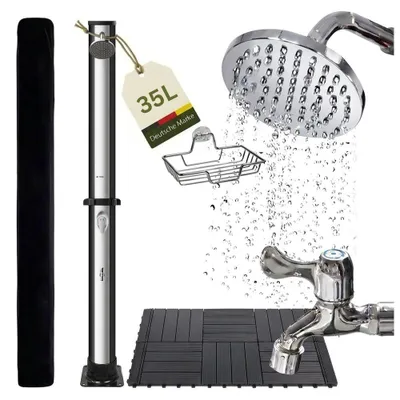 Produktbild von NovaTerra Solardusche 35L schwarz/silber mit Bodenelement aus WPC