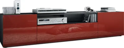 Produktbild von Vladon Lowboard Mogan, TV-Kommode mit 2 Türen, 1 Klappe und 1 offenes Fach, Schwarz matt/Bordeaux Hochglanz (181 x 39 x 35 cm)