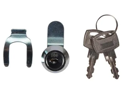 A set of three items: a U-shaped metal bracket, a cylinder lock with a keyhole, and two keys on a keyring, all isolated on a white background.