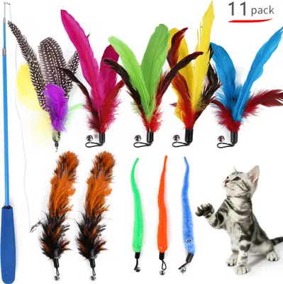 Produktbild von Katzenspielzeug Cat Feather Rod Interaktiver Feather Teaser Einziehbarer Cat Wand 11 PCS