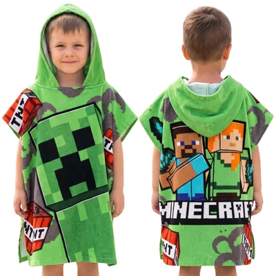 Produktbild von Minecraft Schwimmhandtuch, schnelltrocknender Poncho mit Kapuze für Kinder, Strandponcho, 100 % Baumwolle, 50 x 115 cm,
