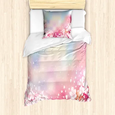 Produktbild von ABAKUHAUS Pastell Mantele, Dreamy Kirschblüten, Milbensicher Allergiker geeignet mit Kissenbezügen, 135 cm x 200 cm - 80 x 80 cm, Hellrosa Blassblau