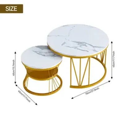 Image de Fortuna Lai table basse 2 en 1 set de tables en marbre, set de 2 tables d'appoint avec étagère, Ø 70 x 45/Ø 45 x 40 cm, structure en métal