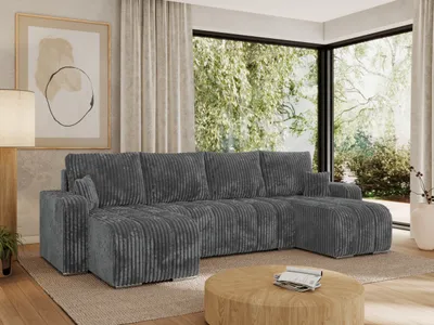Produktbild von MKS MEBLE Sofa mit Schlaffunktion - Ecksofa mit Schlaffunktion und Bettkasten - Sofa 5 Sitzer - Schlafsofa - Couch - Schlafsofa mit Bettkasten - Kirasso U -Dunkelgrau Cord