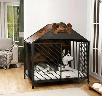 Produktbild von Hundekäfig Möbel, 82 cm Hundebox Holz Indoor mit Kissen, Rollen, Haustier-id, Hundeschrank für Mittlere Hunde, Moderne Hundebox für Zuhause, Abschließbar Tür hundekiste, 82×57×81 cm
