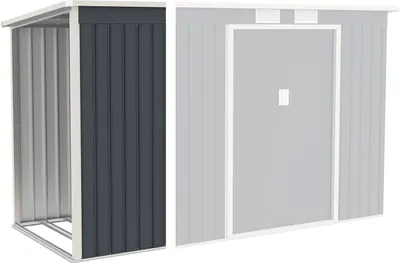 A split image showing two parts of a metal shed. The left side shows the interior and one exterior wall of a shed, while the right side shows the front of a shed with a door.