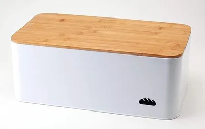 Immagine prodotto di Unyqoos® Hanseküche: Contenitore per il pane XL, metallo bianco opaco, coperchio sigillante in bambù con tagliere integrato, dimensioni 42 x 22,5 x 14 cm
