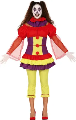 A woman wearing a clown costume, presented against a white background.