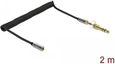 Imagen del producto de Cable espiral de extensión Delock, con conector jack de 3,5 mm de 3 pines a conector jack hembra con adaptador roscado de 6,35 mm, 2 metros