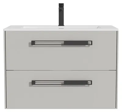 Produktbild von Hänge-Waschtischunterschrank mit Einbauwaschbecken, Armatur und Spiegel - Grau - 80 cm - FELNA