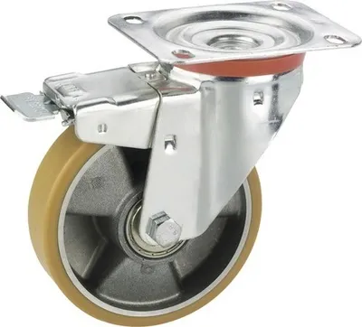 Produktbild von Tarrox Transportgeräterolle mit Aluminiumfelge und PolyurethanLauffläche, bis 300 kg. 200x110 mm, Plattengröße 140x110 mm