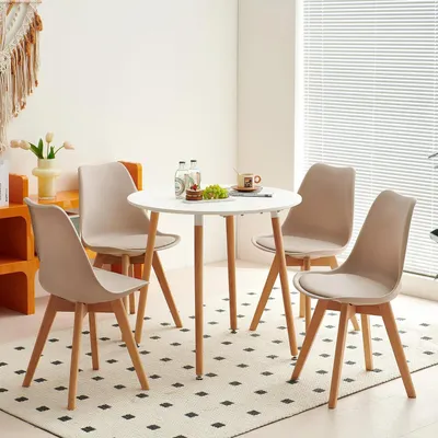 Immagine prodotto di Tavolo rotondo da pranzo con 4 sedie, set da pranzo, diametro 80 cm, colore bianco e kaki