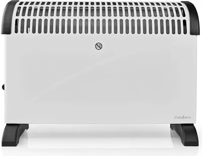 A white electric heater with black accents and feet, shown from the front on a white background.
