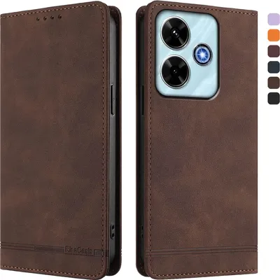 Image de Etui pour Xiaomi Redmi 13 4G, étui rétro en cuirPolyuréthaneavec support et fentes pour cartes de crédit Marron