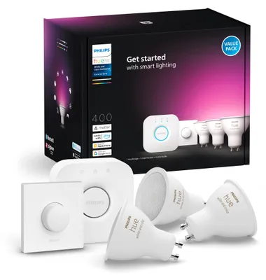 Produktbild von Philips Hue White and Color ambiance Starter-Set: 3 smarte Spots GU10 + Smart Button, Bluetooth/Zigbee, Weiß, LED, GU10, GU10, 2000 K