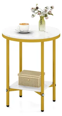 Produktbild von Beistelltisch Marmor Gold, runder Couchtisch mit 2 Ebenen, Nachttisch aus Holz mit Metallrahmen, kleiner Wohnzimmertisch, Sofatisch, Kaffeetisch modern, kleiner Tisch φ 40,5 x 51 cm