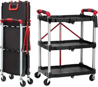 Produktbild von Servierwagen - Klappbar, 3 Ebenen - Tragfähigkeit 96 kg - Lenkrollen Mit Bremsen - Werkzeugaufbewahrung - Schwarz