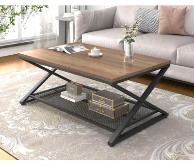 Zdjęcie produktu dla Stolik kawowy drewniany i metalowy, prostokątny, z miejscem do przechowywania, wymiary: 100x60x45 cm, jasny odcień drewna