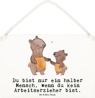 Produktbild von Mr. & Mrs. Panda Wandbild Holz Arbeitserzieher Herz DIN A6 - Weiß - Geschenk, Ausbildung, Türschild, Schild, Witzig, Beruf, Studium, wandtafel, Spruch, Holzschild, Lustig