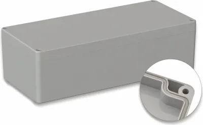 A light gray rectangular enclosure with a close-up inset showing a gasket seal.