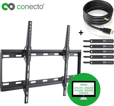 Produktbild von conecto CC50263 Wandhalterung für TV Geräte mit 81-165 cm (32 -65 Zoll), neigbar: -14° bis 0°, Wandabstand: 25mm, Traglast: max. 35,0kg, VESA 600x400, schwarz, inkl. GRATIS HDMI-Kabel und Klett-Kabelbinder