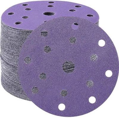 Zdjęcie produktu dla Tarcze szlifierskie 150 mm, papier ścierny o ziarnistości 60, opakowanie 15 sztuk do szlifierki mimośrodowej (fioletowe)