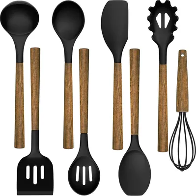 Image de Set d'ustensiles de cuisine en silicone avec manche en bois 8 pièces noir