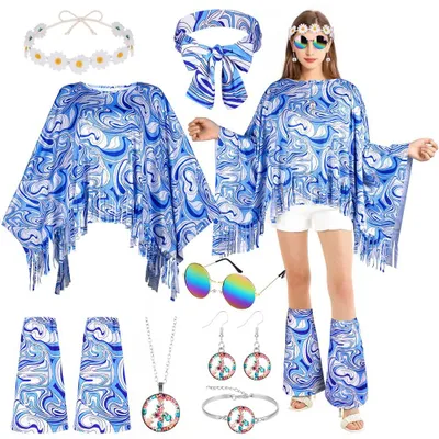 Imagen del producto de Conjunto de disfraces vintage hippie para mujer, de 8 piezas, que incluye accesorios para Carnaval
