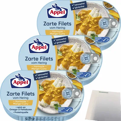 Produktbild von Appel Zarte Filets vom Hering Harmonie Mango-Curry 3er Pack (3x200g Dose) + usy Block