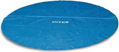 A blue solar pool cover with the brand name 'INTEX' printed on it, lying flat on a white background.