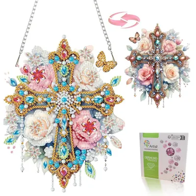 Zdjęcie produktu dla Obrazki do dekoracji okien techniką "diamond painting", dwustronne, motyw: róże, 5D. Wieniec na drzwi z motywem kwiatów, ozdobiony kryształkami, z łańcuszkiem. Dekoracja na wiosnę i lato