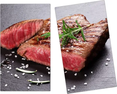 Produktbild von Spritzschutz Herdabdeckplatte Schneidebrett aus Glas Rosmarin auf Fleisch 2-Teilig (60x52cm)