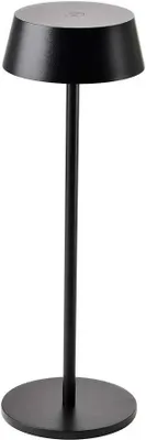 A black table lamp with a round base and a conical shade.