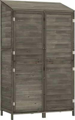 A tall, narrow wooden shed with double doors and a slanted roof, presented against a white background.
