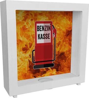 Produktbild von Benzinkasse Zapfsäule Rahmen Spardose aus Holz mit Flammen Hintergrund